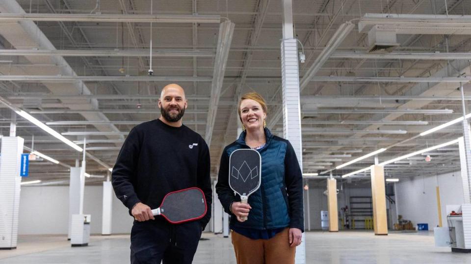 S2 Pickleball co-owner Zach Spencer and General Manager Anne Banks stand at the site of their future 28,000-square-foot indoor pickleball center at 3615 S. Federal Way, in a former Bed, Bath & Beyond store.