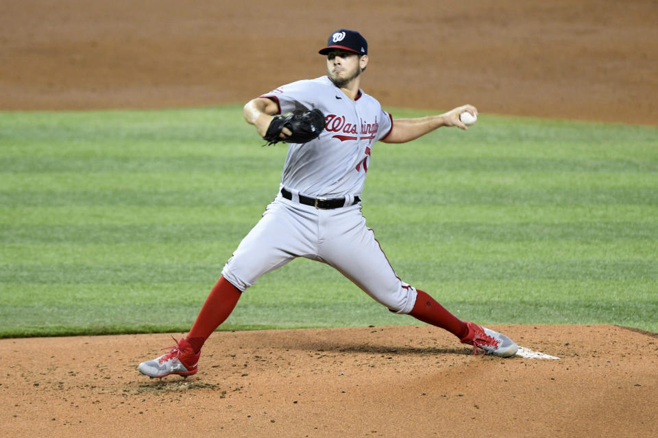 Washington Nationals starting pitcher Braxton Garretts throws during the second inning of a second game of doubleheader against the Miami Marlins, Sunday, Sept. 20, 2020, in Miami. (AP Photo/Gaston De Cardenas)