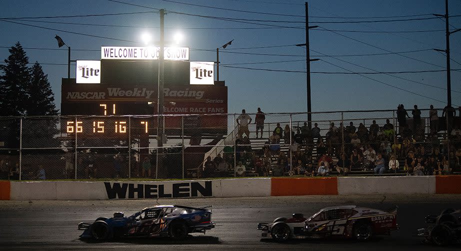 Timmy Solomito, driver of the #66 Natural Designs, Highmark and Kyle Soper, driver of the #15 Eastport Foods race during the Buzz Chew Chevrolet Cadillac 200 for the Whelen Modified Tour at Riverhead Raceway on June 25, 2022 in Riverhead, New York. (Kostas Lymperopoulos/NASCAR)