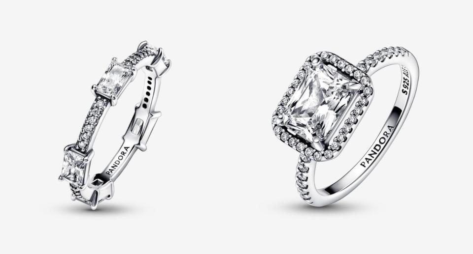 The Rectangular Bars Sparkling Pavé Ring (left) and the Rectangular Sparkling Halo Ring (right). 