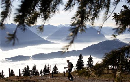 A woman takes a walk on Mount Rigi at 1,797 m (5,896 ft) above sea level, near Lake Lucerne, in this November 21, 2011 file photo. REUTERS/Christian Hartmann/Files