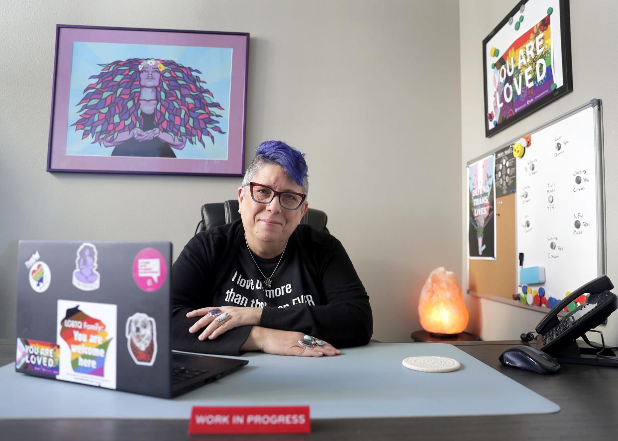 Diverse & Resilient's Anti-Violence Program Director Kathy Flores  sits in the advocacy group's Appleton office March 14.