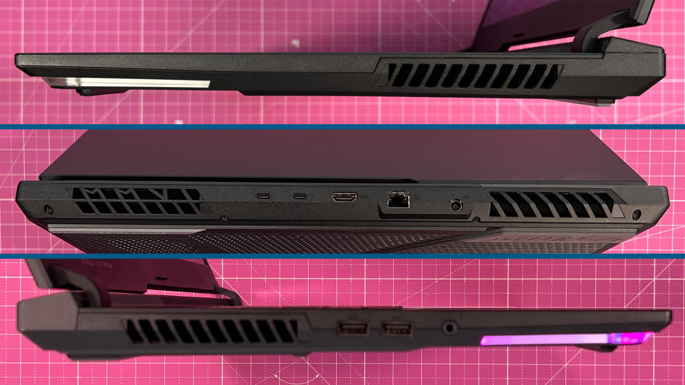 An Asus ROG Strix Scar 17 (2023) on a desk with a pink desk mat