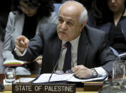 FILE - In this Tuesday, March 26, 2019 file photo, Palestinian Ambassador to the United Nations Riyad Mansour address a U.N. Security Council meeting on the Palestinian and Israeli conflict, Tuesday, March 26, 2019, at U.N. headquarters. The conflict with the Palestinians has been a central issue in Israeli elections going back decades, but in the campaign ahead of next week's vote it's been notably absent. With the peace process in a deep freeze, it is perhaps no surprise that none of the major Israeli parties are talking about the Palestinians. (AP Photo/Bebeto Matthews, File)