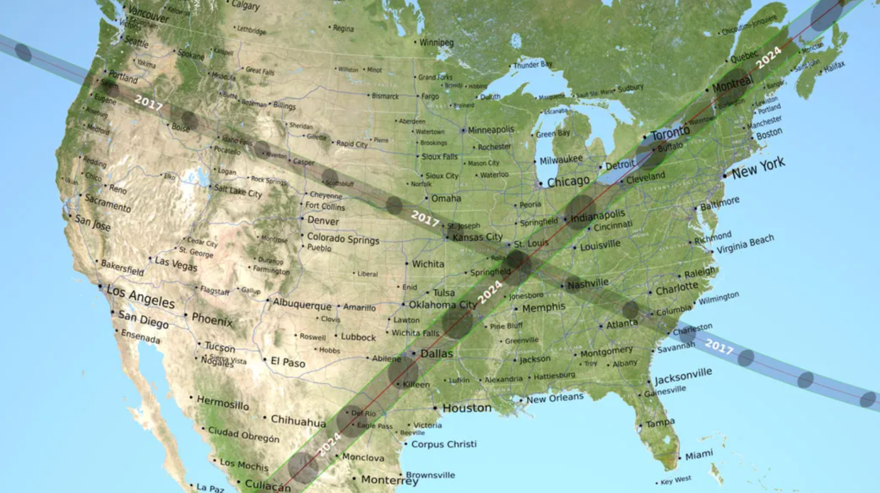 This map compares the 2017 path of the total solar eclipse to the one that will happen on April 8, 2024.