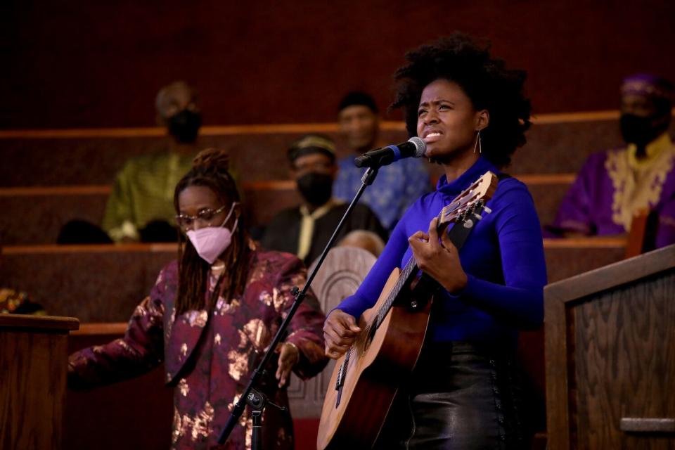 Singer Victory Boyd performs during a service at First African Methodist Episcopal Church.