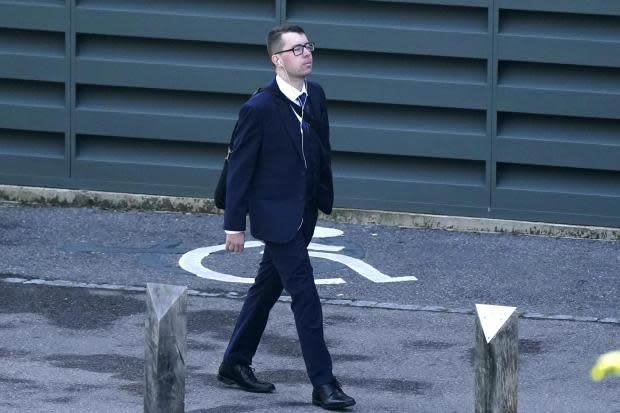 Founder of banned terrorist organisation National Action Alex Davies arrives at Winchester Crown Court where the 27-year-old is charged with membership of an outlawed organisation. Picture: PA