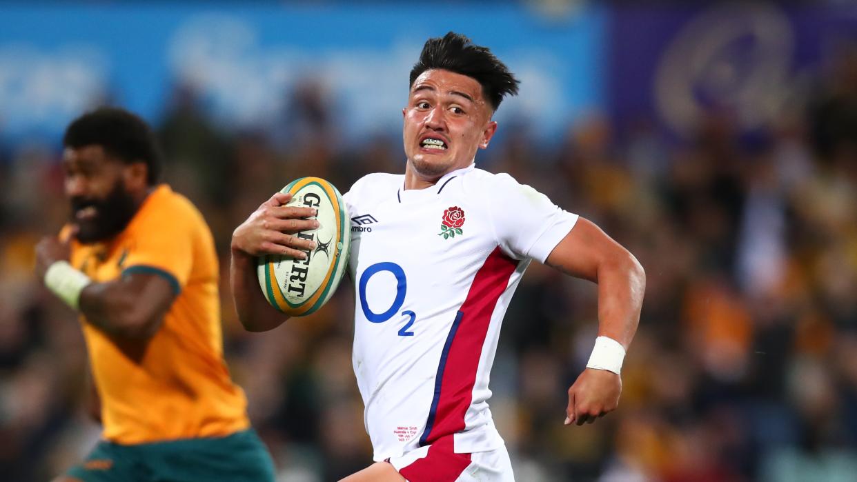  Marcus Smith of England makes a break to score a try ahead of the Rugby World Cup 2021 