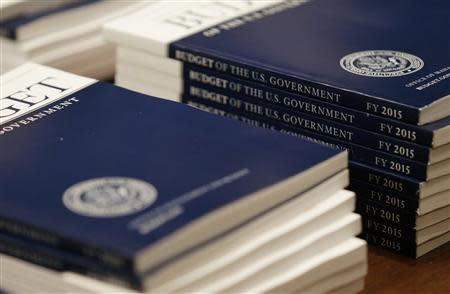 U.S. President Barack Obama's fiscal year 2015 budget proposal is seen on Capitol Hill after being delivered to the Senate Budge Committee in Washington March 4, 2014. REUTERS/Gary Cameron