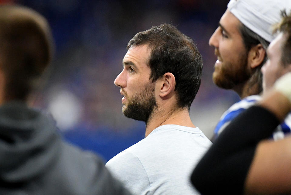 INDIANAPOLIS, IN - AUGUST 24: Andrew Luck #12 of the Indianapolis Colts watches from the sidelines during the fourth quarter of the preseason game against the Chicago Bears at Lucas Oil Stadium on August 24, 2019 in Indianapolis, Indiana. (Photo by Bobby Ellis/Getty Images)