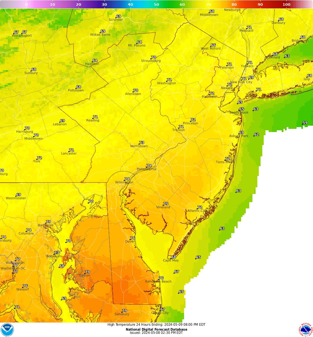 The National Weather Service expects seasonal highs throughout the Delaware Valley on Thursday, May 9, but rain may impact the rush hour commute.