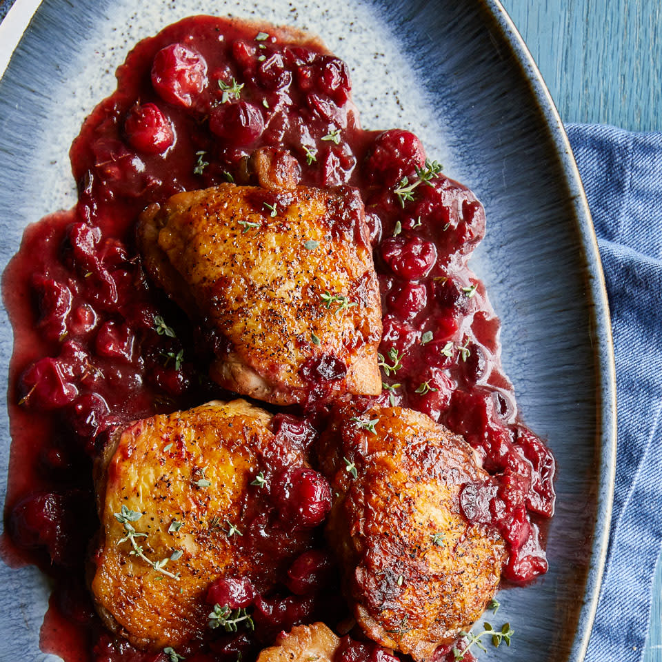 <p>To round out this healthy chicken dinner recipe, put some farro on to cook before you start cooking the chicken. Add some steamed broccoli and serve with a glass of pinot noir. <a href="https://www.eatingwell.com/recipe/262105/cranberry-balsamic-chicken-thighs/" rel="nofollow noopener" target="_blank" data-ylk="slk:View Recipe;elm:context_link;itc:0;sec:content-canvas" class="link ">View Recipe</a></p>