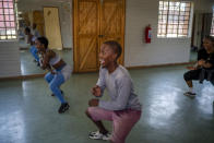 Tsimamkele Crankydy Xako, 28, center, a professional dancer, practices with others at the Soweto Moves Projects dance studio in Soweto, South Africa, Tuesday Oct. 5, 2021. (AP Photo/Jerome Delay)