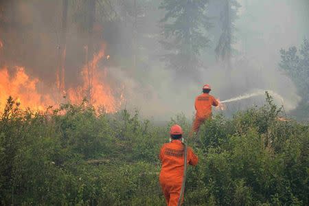 Firefighters tackle a wildfire near the town of La Ronge, Saskatchewan July 5, 2015 in a picture provided by the Saskatchewan Ministry of Government Relations. REUTERS/Saskatchewan Ministry of Government Relations/Handout via Reuters