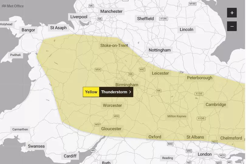 Met Office thunder warning map for Coventry area