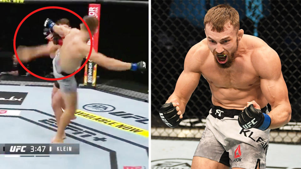 Ludovit Klein (pictured right) celebrating afger knocking out (pictured left) Shane Young with a viscous head kick combo.