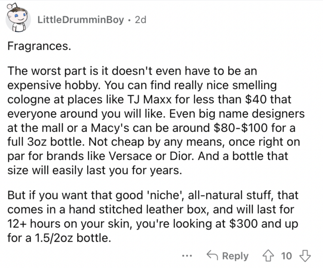 Reddit screenshot of someone talking about buying various expensive fragrances.