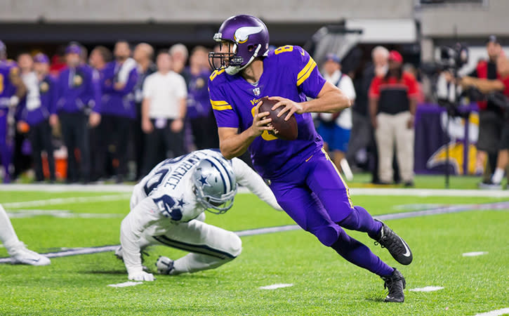 Dec 1, 2016; Minneapolis, MN, USA; Minnesota Vikings quarterback Sam Bradford (8) scrambles in the fourth quarter against the Dallas Cowboys at U.S. Bank Stadium. The Dallas Cowboys beat the Minnesota Vikings 17-15. Mandatory Credit: Brad Rempel-USA TODAY Sports