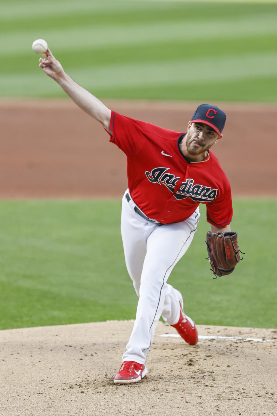 Cleveland Indians pitcher Aaron Civale delivers against the Chicago White Sox during the first inning of a baseball game, Monday, Sept. 21, 2020, in Cleveland. (AP Photo/Ron Schwane)