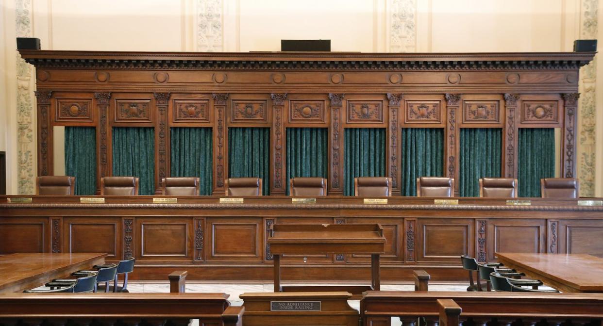 The Oklahoma Supreme Court bench is pictured in the state Capitol in Oklahoma City in 2014. <a href="https://newsroom.ap.org/detail/OklahomaLegislature/215e795d582e448286c510ad1bf63326/photo?Query=oklahoma%20supreme%20court%20&mediaType=photo&sortBy=creationdatetime:desc&dateRange=Anytime&totalCount=202&currentItemNo=133" rel="nofollow noopener" target="_blank" data-ylk="slk:AP Photo/Sue Ogrocki;elm:context_link;itc:0;sec:content-canvas" class="link ">AP Photo/Sue Ogrocki</a>