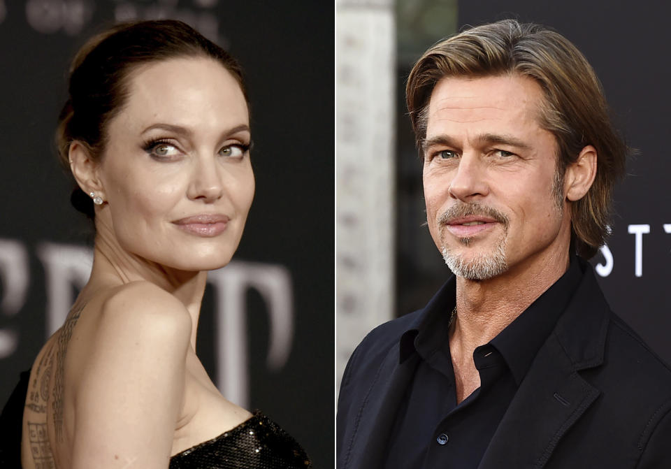 En esta combinación de fotos, Angelina Jolie en un estreno en Los Angeles el 30 de septiembre de 2019, izquierda, y Brad Pitt en una función especial el 18 de septiembre de 2019. (AP Foto/Archivo)