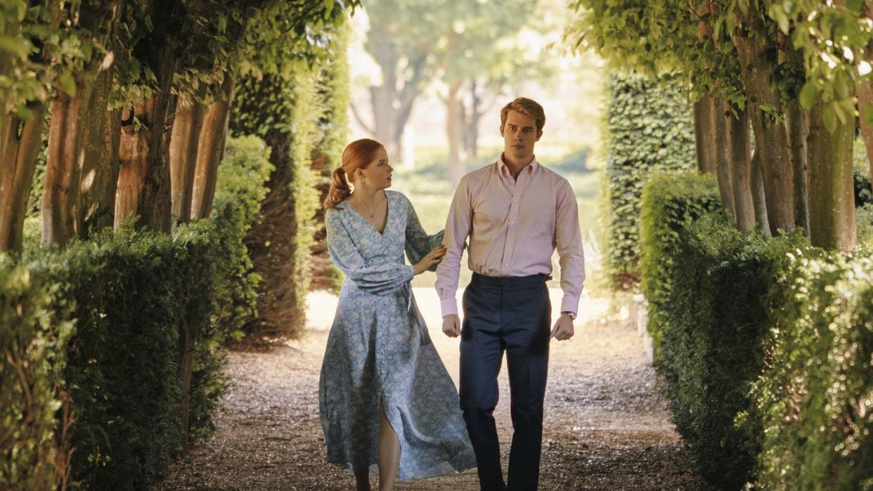 ellie bamber as princess bea and nicholas galitzine as prince henry in prime video’s red, white royal blue