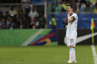 Argentina's Lionel Messi gestures during a Copa America Group B soccer match against Colombia at the Arena Fonte Nova in Salvador, Brazil, Saturday, June 15, 2019. (AP Photo/Ricardo Mazalan)