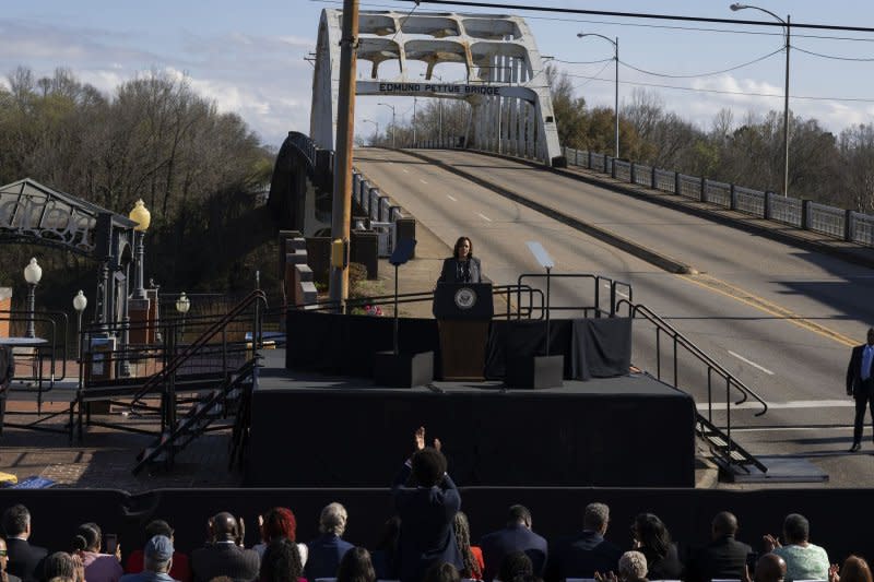 Vice President Harris visits Selma and the Edmund Pettus Bridge to commemorate the 59th anniversary of Bloody Sunday on Sunday, in Selma, Ala. During her remarks she called for am immediate cease-fire in Gaza. Photo by Christian Monterrosa/UPI