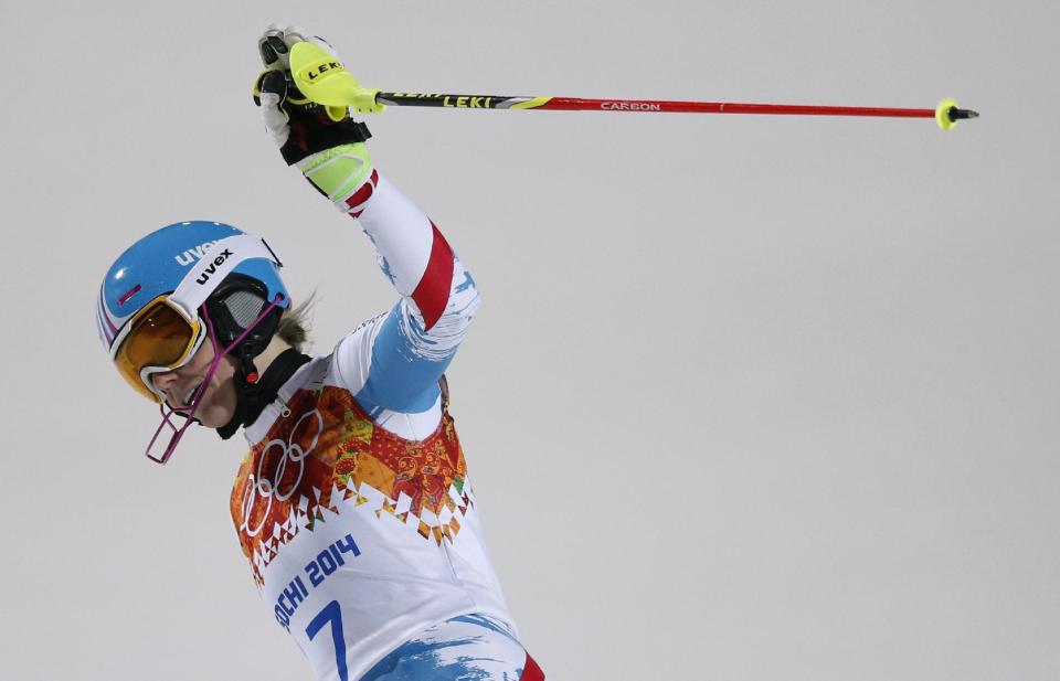 Austria's Marlies Schild reacts after finishing the second run of the women's slalom at the Sochi 2014 Winter Olympics, Friday, Feb. 21, 2014, in Krasnaya Polyana, Russia. (AP Photo/Christophe Ena)