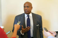 Big Ten Conference commissioner Kevin Warren speaks to reporters after the College Football Playoff meeting Tuesday, June 22, 2021, in Grapevine, Texas. The CFP met to discuss a proposed plan to expand the postseason format from four to 12 teams. (AP Photo/LM Otero)