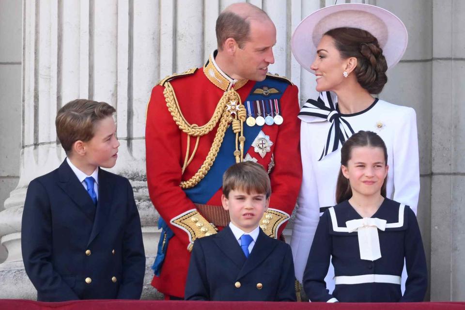 <p>Karwai Tang/WireImage</p> From left: Prince George, Prince William, Prince Louis, Kate Middleton and Princess Charlotte at Trooping the Colour on June 15, 2024