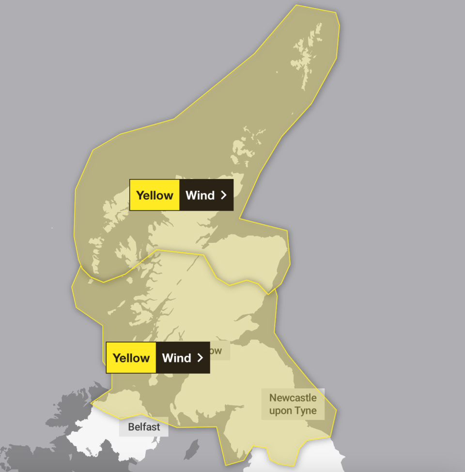 The second weather warning stretches nearly as far south as Harrogate (Met Office)