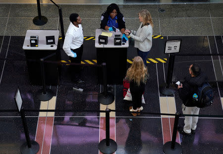 An employee with the Transportation Security Administration (TSA) checks the documents of a traveler at Reagan National Airport in Washington, U.S., January 6, 2019. REUTERS/Joshua Roberts