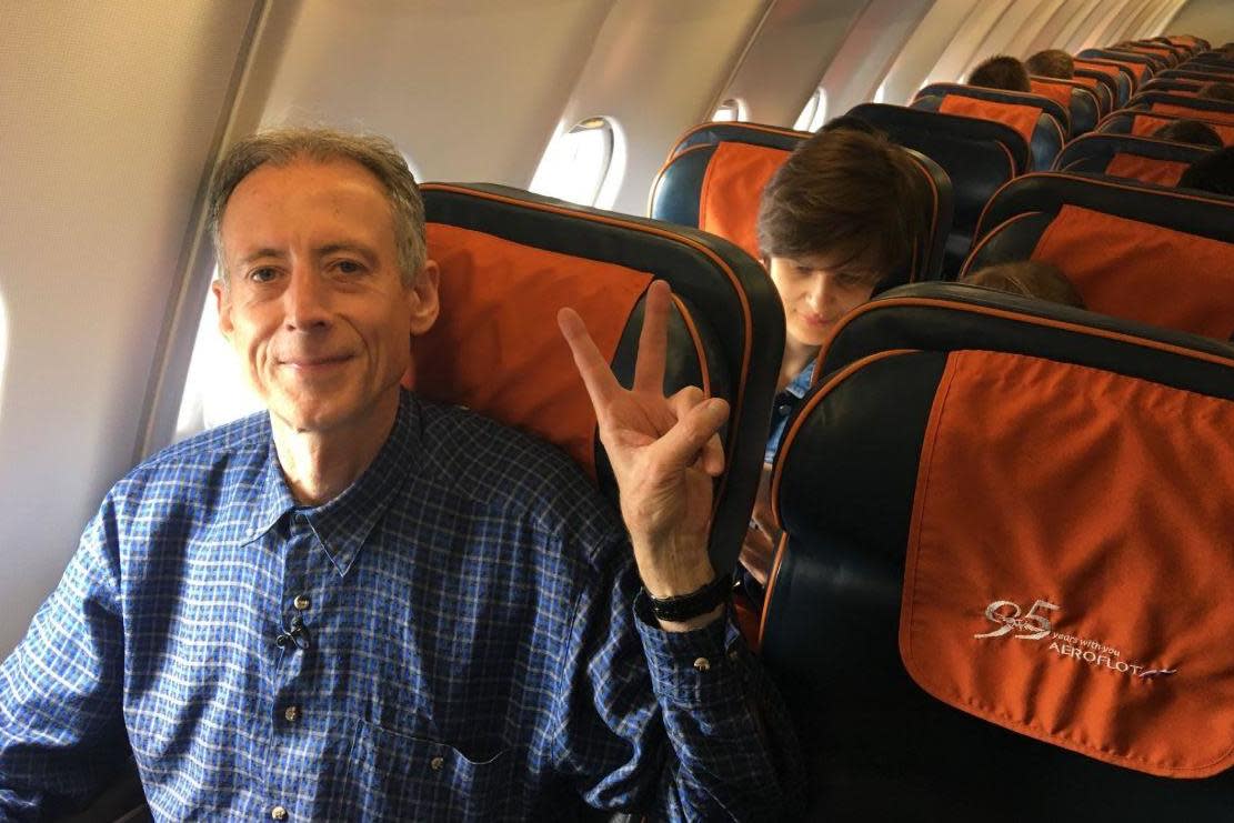 Peter Tatchell posted a photo of himself on the plane as he left Russia: Twitter/ Peter Tatchell