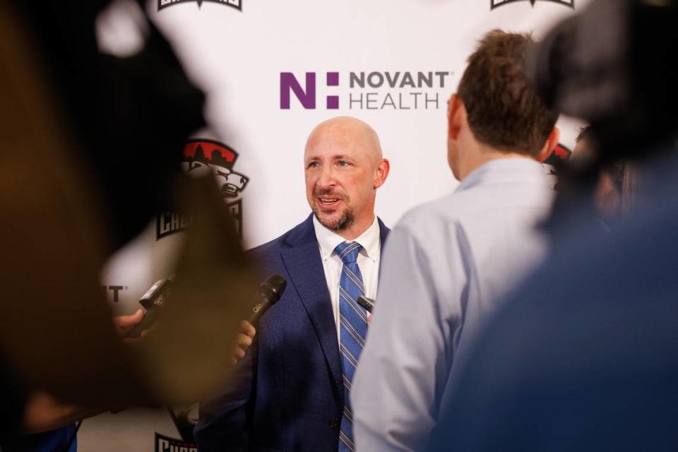 Zawyer Sports & Entertainment CEO and owner Andy Kaufmann answers questions following Monday’s announcement of his company’s acquisition of the Charlotte Checkers.