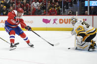 Pittsburgh Penguins goaltender Matt Murray (30) stops Washington Capitals left wing Jakub Vrana (13) during the second period of an NHL hockey game, Sunday, Feb. 2, 2020, in Washington. (AP Photo/Nick Wass)