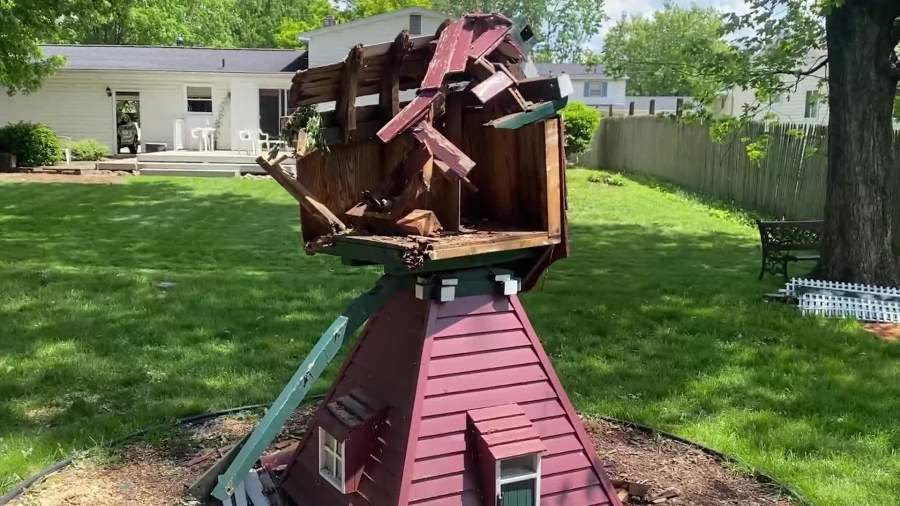 The outdoor windmill made by Janet Laurin-Knudsen's father was damaged in the Portage tornado. (May 13, 2024)