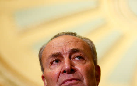 U.S. Sen. Chuck Schumer (R-NY) speaks to reporters after the weekly Republican caucus policy luncheon at the U.S. Capitol in Washington, U.S. April 4, 2017. REUTERS/Eric Thayer