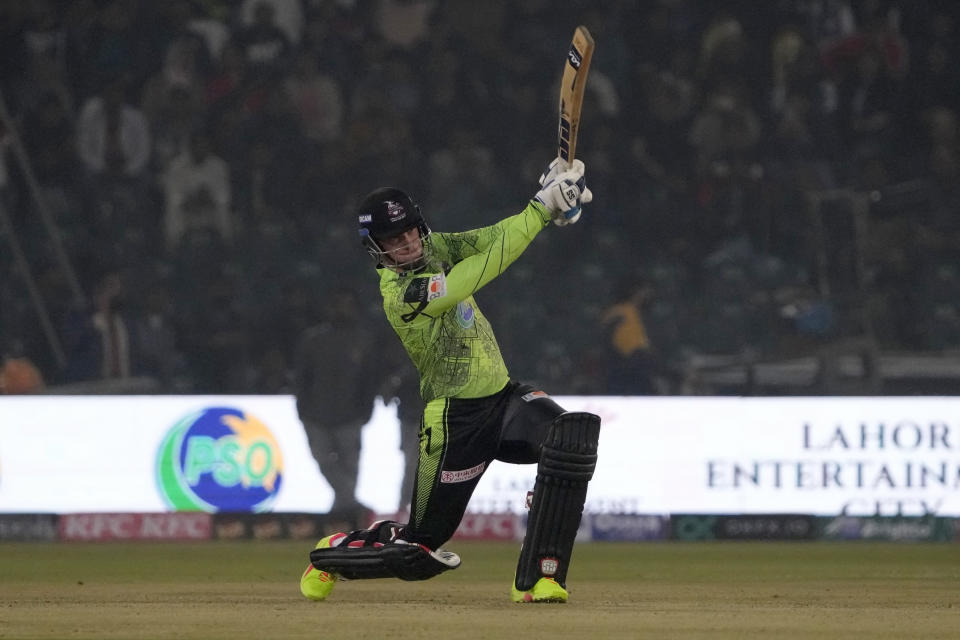 Lahore Qalandars' Rassie van de Dussen plays a shot during the Pakistan Super League T20 cricket match between Islamabad United and Lahore Qalandars, in Lahore, Pakistan Saturday, Feb. 17, 2024. (AP Photo/K.M. Chaudary)