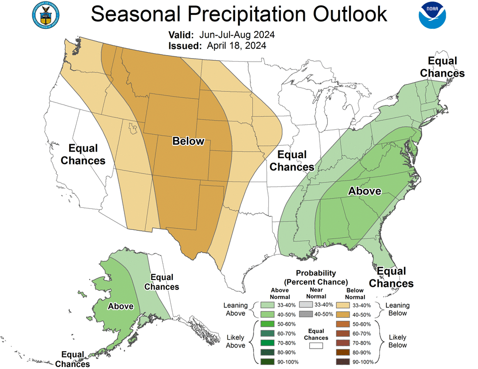 A three-month outlook from the National Weather Service shows that the U.S. will likely be divided in rainfall this summer, with much of the U.S. expected to see below normal rainfall while others experience above-normal levels.  / Credit: National Weather Service Climate Prediction Center