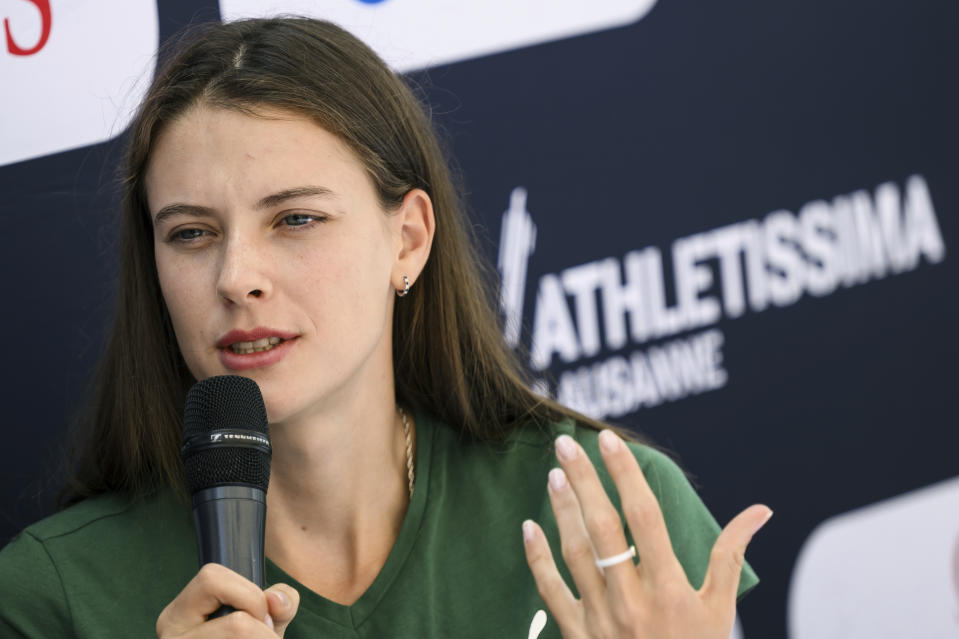 Ukraine high jumper Yaroslava Mahuchikh, speaks during a press conference ahead of the World Athletics Diamond League Athletissima athletics meeting, in Lausanne, Switzerland, Wednesday, June 28, 2023. The event takes place on Friday. (Jean-Christophe Bott/Keystone via AP)