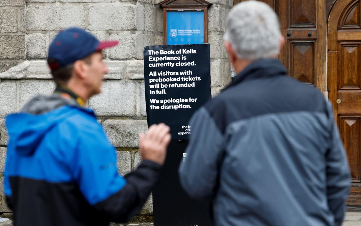 Tourists found the Book of Kells exhibition at Trinity College Dublin closed because of the protest by students