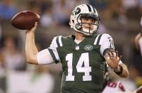 New York Jets quarterback Sam Darnold (14) throws a pass during the first half of a preseason NFL football game against the Atlanta Falcons Friday, Aug. 10, 2018, in East Rutherford, N.J. (AP Photo/Adam Hunger)