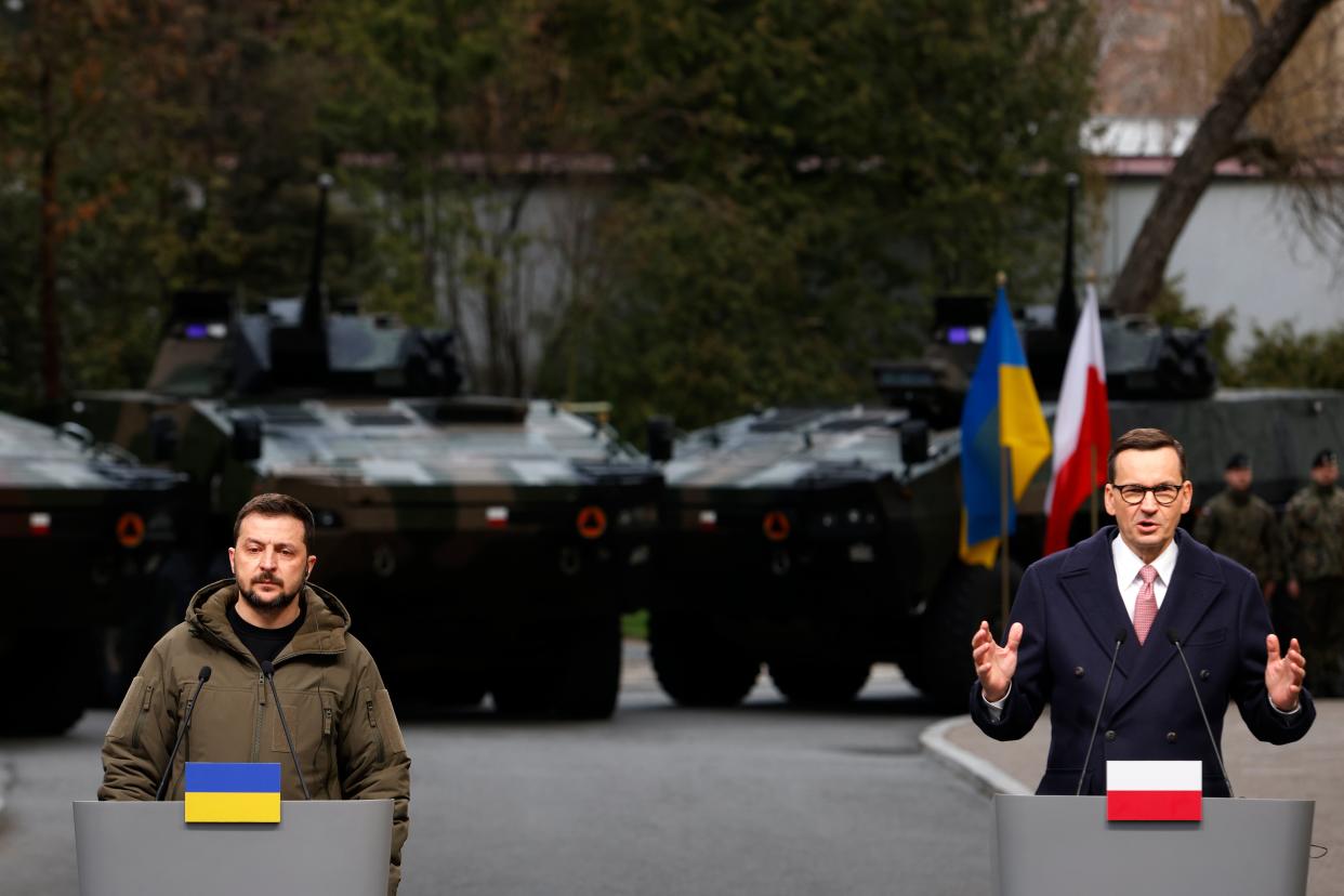 Poland's Prime Minister Mateusz Morawiecki, right, and Ukrainian President Volodymyr Zelenskyy attend a press conference in Warsaw earlier in the year (Copyright 2023 The Associated Press. All rights reserved)