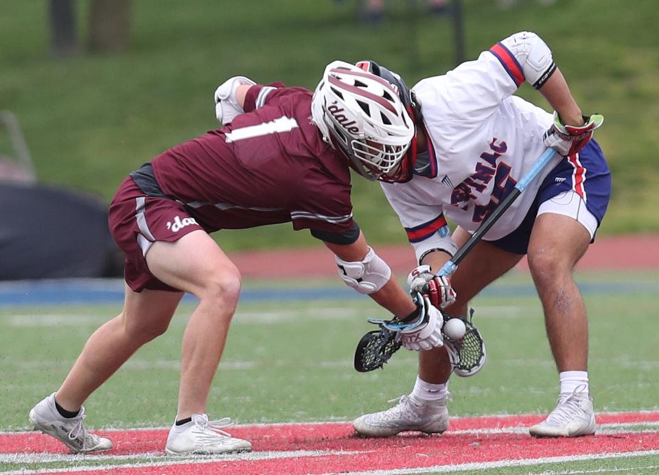Scarsdale's Colby Baldwin (1) during a game against Stepinac at Archbishop Stepinac High School in White Plains on April 27, 2023.