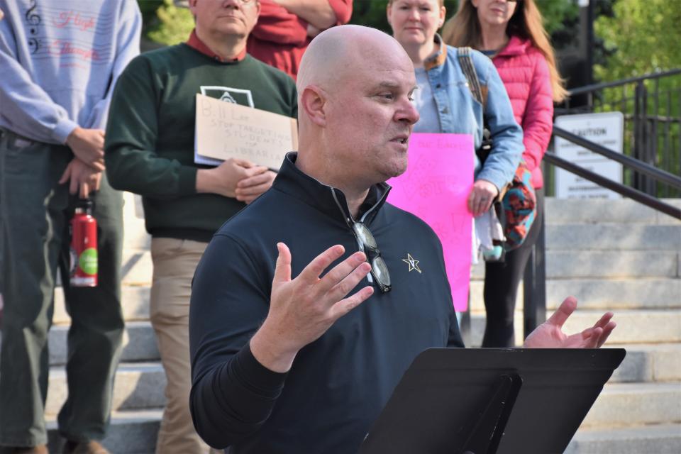 Author Andrew Maraniss speaks out at a press conference at the state Capitol's Legislative Plaza in Nashville, Tenn., where library advocates protested against a bill currently being considered by state lawmakers Wednesday, April 27, 2022.