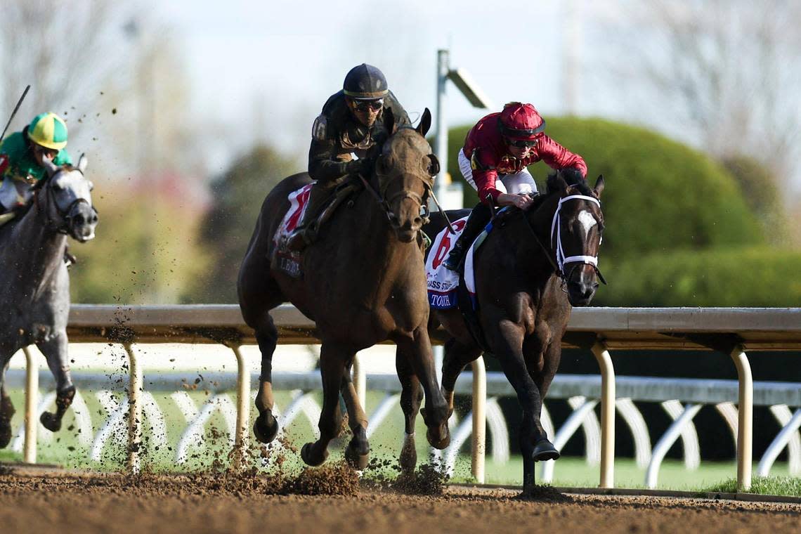 Sierra Leone, with Tyler Gaffalione up, wins the 100th Toyota Blue Grass Stakes, a 200-point Kentucky Derby qualifier, on the second day of Keeneland’s Spring Meet on Saturday.