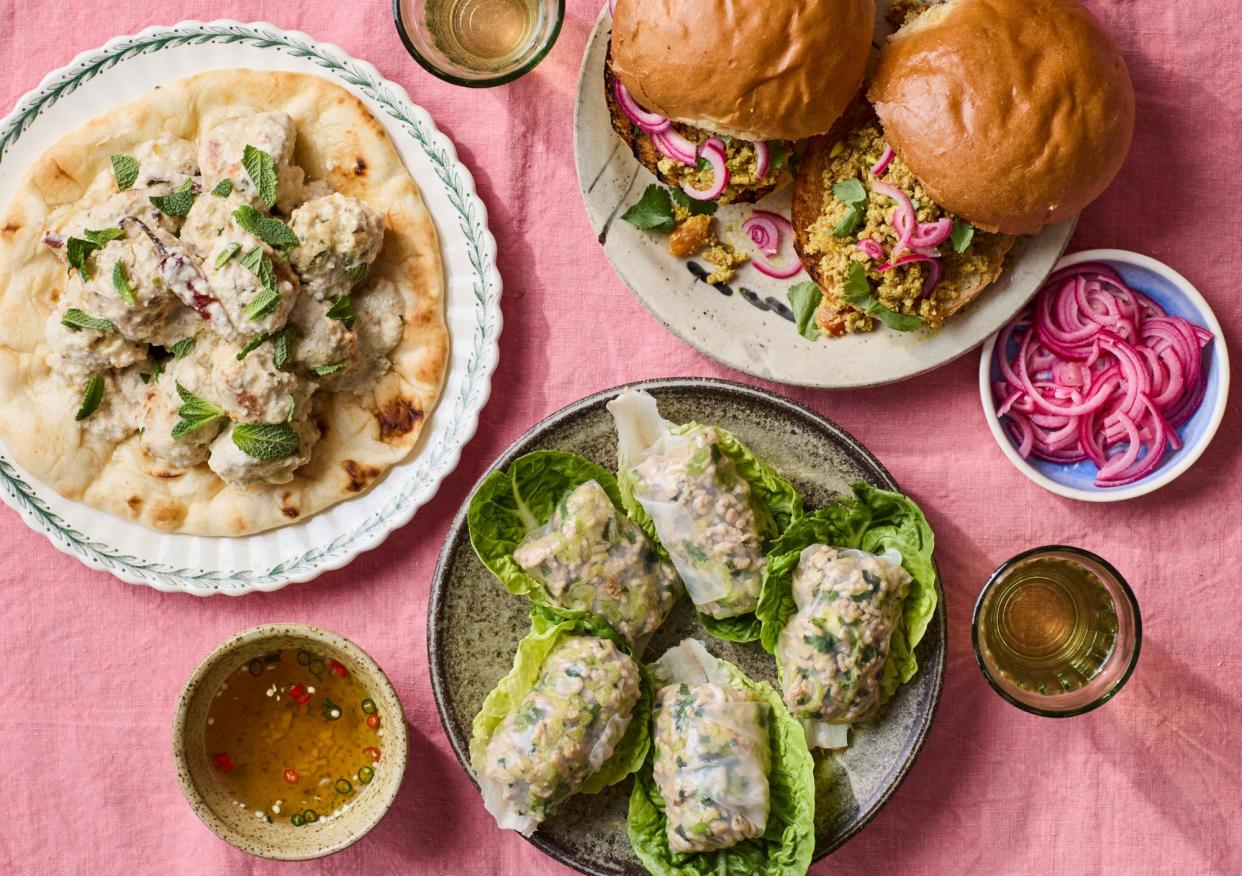 <span>Mince charming (clockwise from top left): Ravinder Bhogal’s chicken kofte, sloppy joes and crisp pork mince rice-paper rolls.</span><span>Photograph: Ola O Smit/The Guardian. Food styling: Sam Dixon. Prop styling: Anna Wilkins. Food styling assistant: Connie Simons.</span>