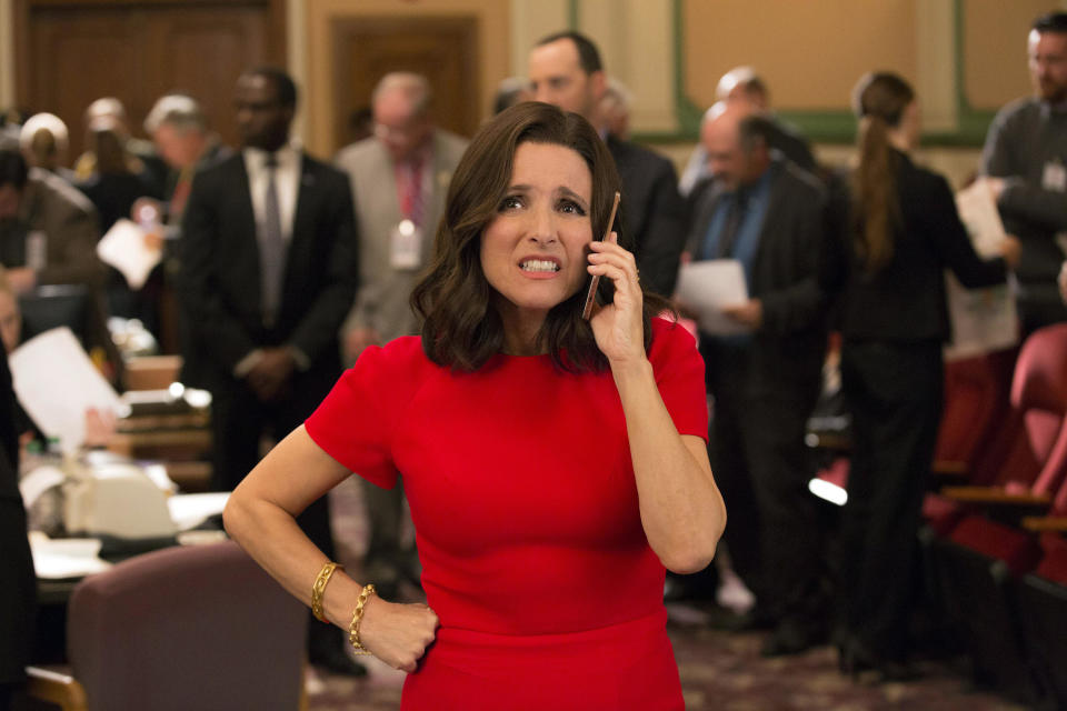 Julia Louis-Dreyfus as  Vice President Selina Meyer talks on the phone in Veep.