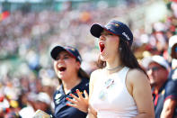 <p>MEXICO CITY, MEXICO - OCTOBER 29: Fans react as they watch the action from a grandstand during the F1 Grand Prix of Mexico at Autodromo Hermanos Rodriguez on October 29, 2023 in Mexico City, Mexico. (Photo by Dan Istitene - Formula 1/Formula 1 via Getty Images)</p> 